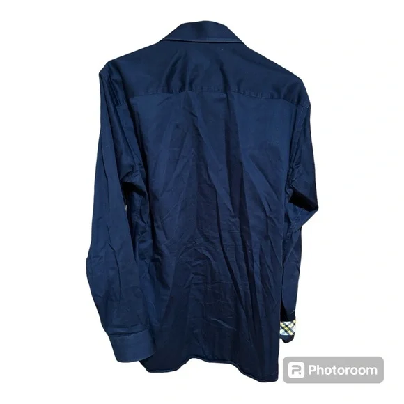 Jared Lang Button Down Navy Dress Shirt. Yellow Plaid Contrast Trim. Medium. - Picture 5 of 6